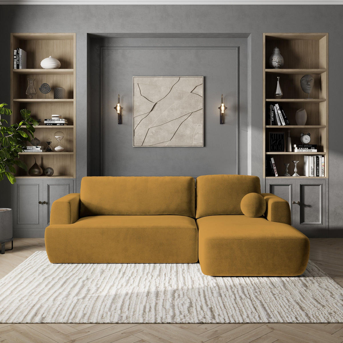 ECKSOFA SENTI K R-S Gelb Plüsch-Stoff mit Schlaffunktion - Gelb/Schwarz, Holz/Kunststoff (246/148cm) - MASSENO