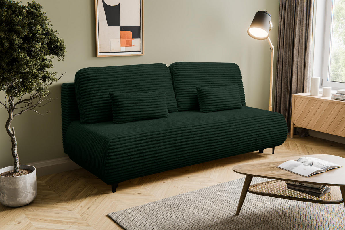 SCHLAFSOFA Etna mit Schlaffunktion und Bettkasten, Farbe: Grün, Cordstoff, Ottomane Unsiversal - Grün, Textil (205/80/90cm) - VENASI MÖBEL