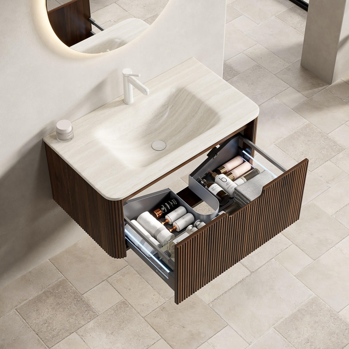 BADMÖBEL Waschtisch 60 cm,Wandhängend Travertin-Waschbecken Walnuss Unterschrank Vormontiert - Braun, Holz (68/49/54cm) - PARAFTA HOME