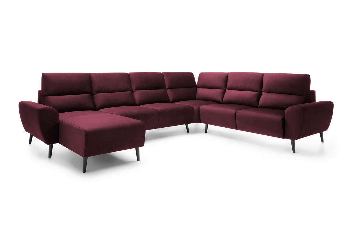 ECKSOFA BOSCO U-Form, Monolith-Stoff, Freistehend, mit verstellbaren Kopfstützen, Sofa für Familien, Größe: 340x270x98cm, Farbe: Burgunderrot - Bordeaux, Holz/Textil (270/340cm) - DomoHome