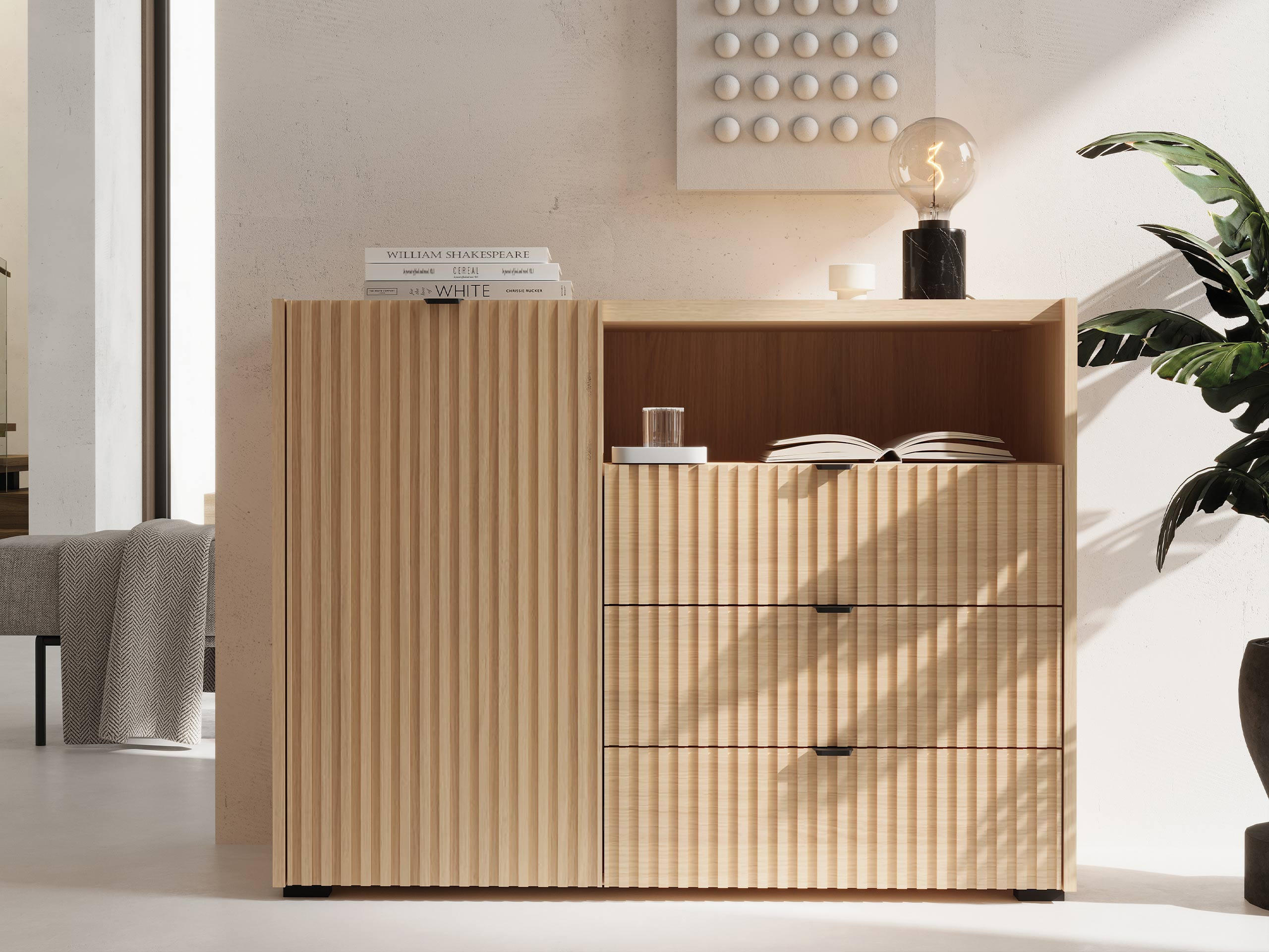 KOMMODE Cyliza 1D3SZ - Eichefarben/Graphitfarben, Holzwerkstoff/Kunststoff (106/80/40cm) - MIRJAN24