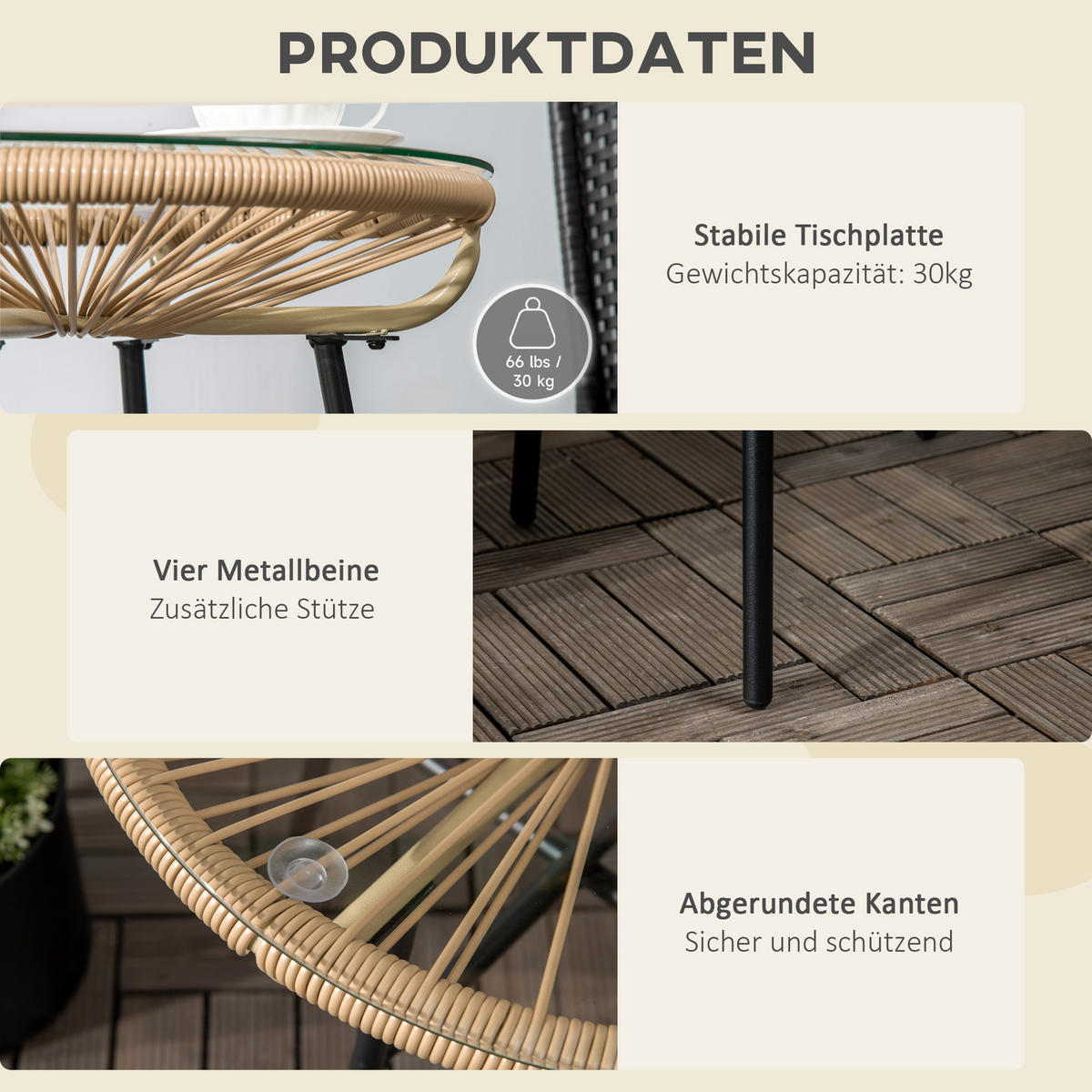 BALKONTISCH, Beige, Eisen, PE-Rattan, Glas - Beige, Kunststoff (50/50/50cm) - Outsunny
