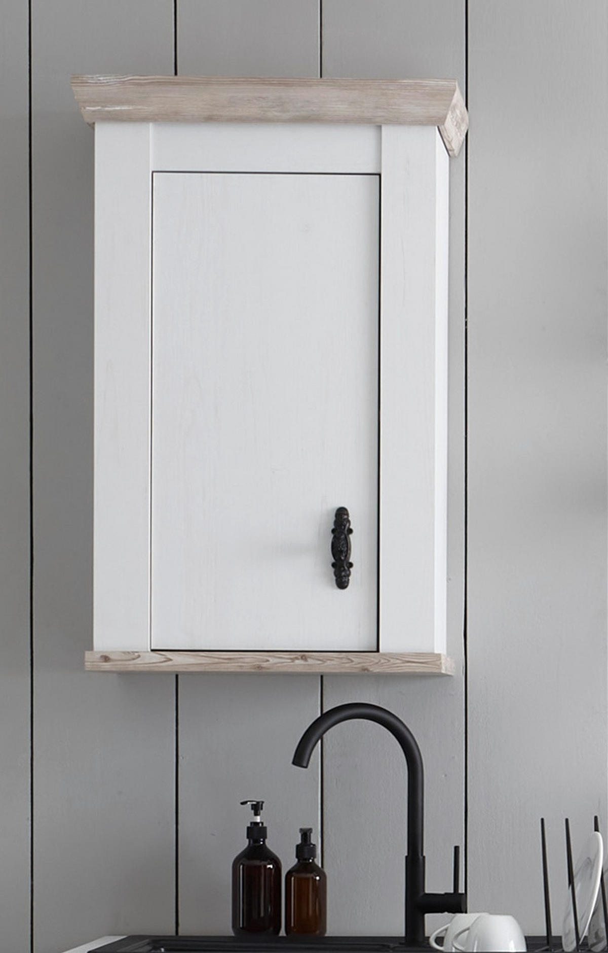 HÄNGESCHRANK weiß Pinie Landhaus, Küchenschrank hängend 55 x 85 cm, Soft-Close - Schwarz/Weiß, Holzwerkstoff/Metall (55/85/34cm) - Furn.Design