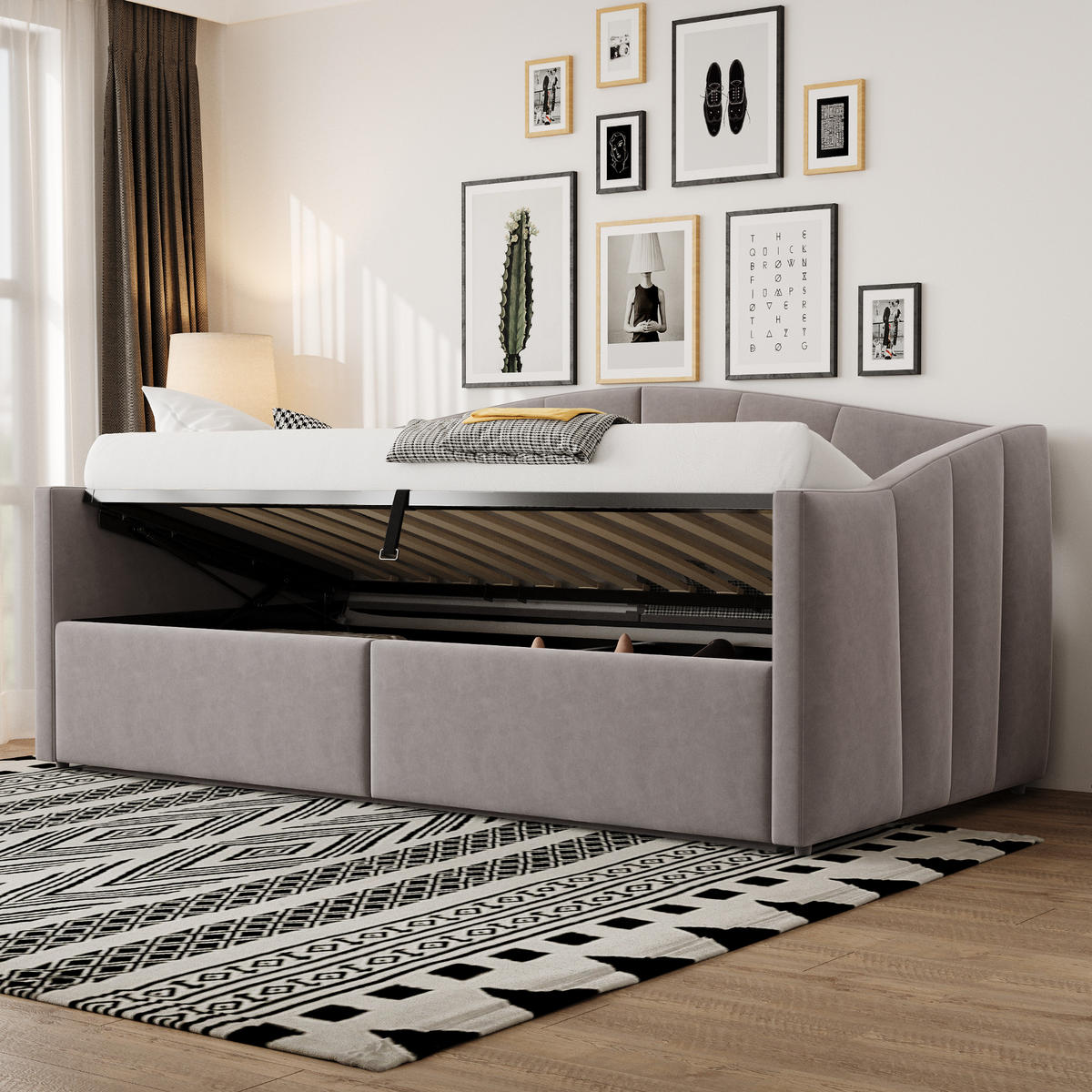 POLSTERBETT Sofabett 90/200 cm Hellgrau mit hydraulischem Speicher und Lattenrost - Hellgrau, Textil (90/200cm) - OKWISH