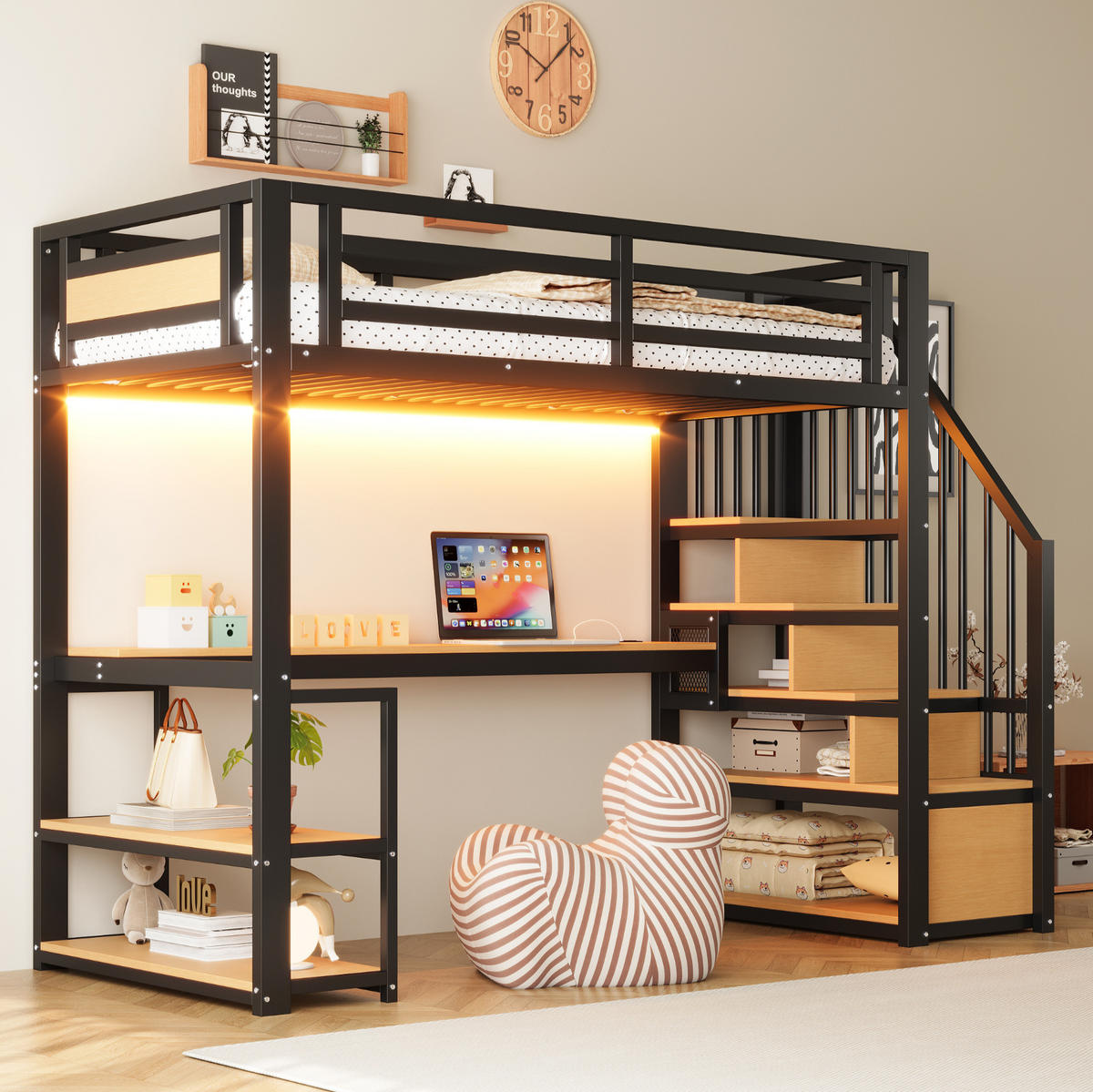 HOCHBETT 90/200 cm aus MDF und Metall mit Stauraumtreppe, Regal und Tisch Schwarz - Schwarz, Metall (90/200cm) - Modenvie