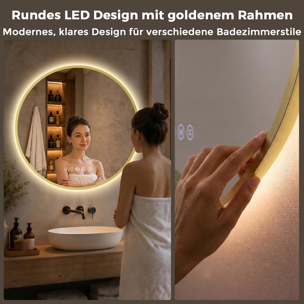 BADSPIEGEL mit Beleuchtung 70 cm rund gold mit Aluminiumrahmen, LED dimmbar und Antibeschlag - Goldfarben, Glas (70/70/3.3cm) - S'AFIELINA