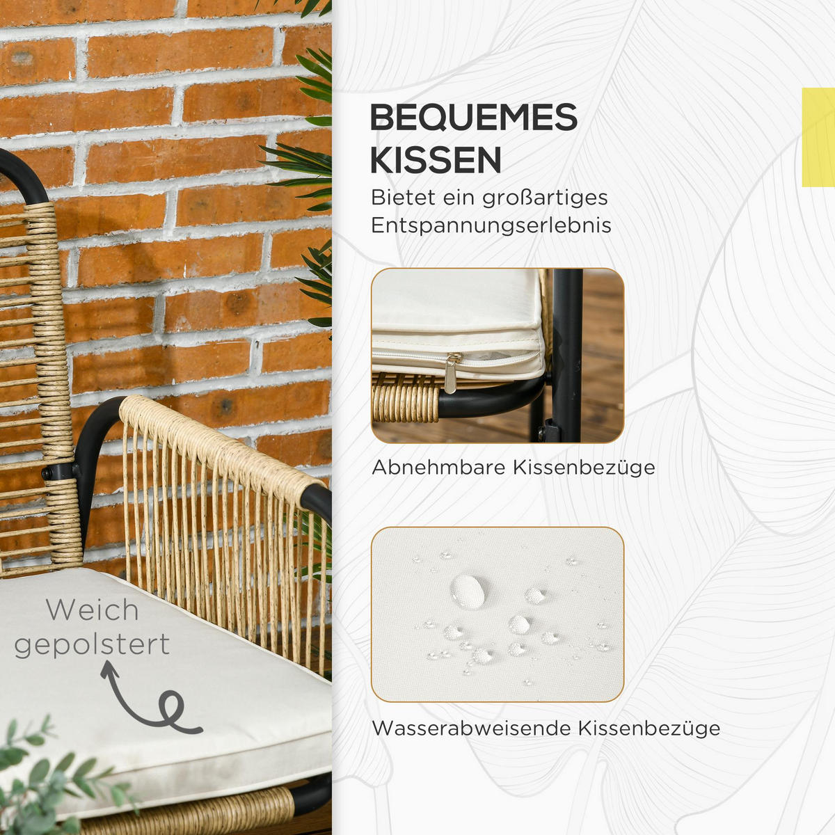 GARTENMÖBEL Set, PE Rattan Schwarz+ Gelb - Gelb/Schwarz, Kunststoff - Outsunny
