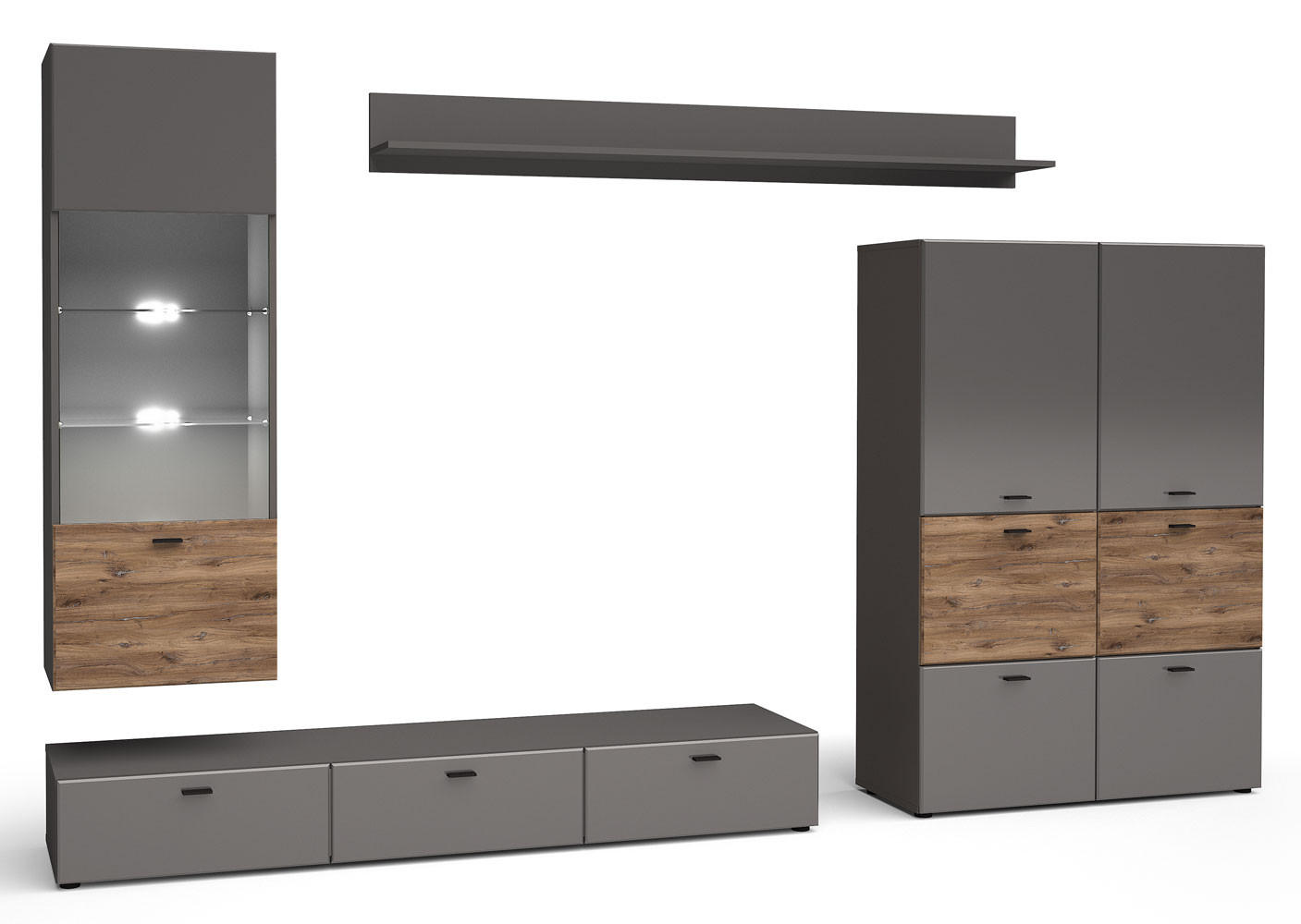 WOHNWAND Oviedo graphit matt / Flagstaff Eiche 4-teilig - Graphitfarben/Braun, Holz/Holzwerkstoff (300/144/40cm) - Feldmann-Wohnen