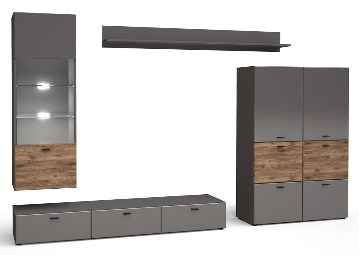 WOHNWAND Oviedo graphit matt / Flagstaff Eiche 4-teilig - Graphitfarben/Braun, Holz/Holzwerkstoff (300/144/40cm) - Feldmann-Wohnen