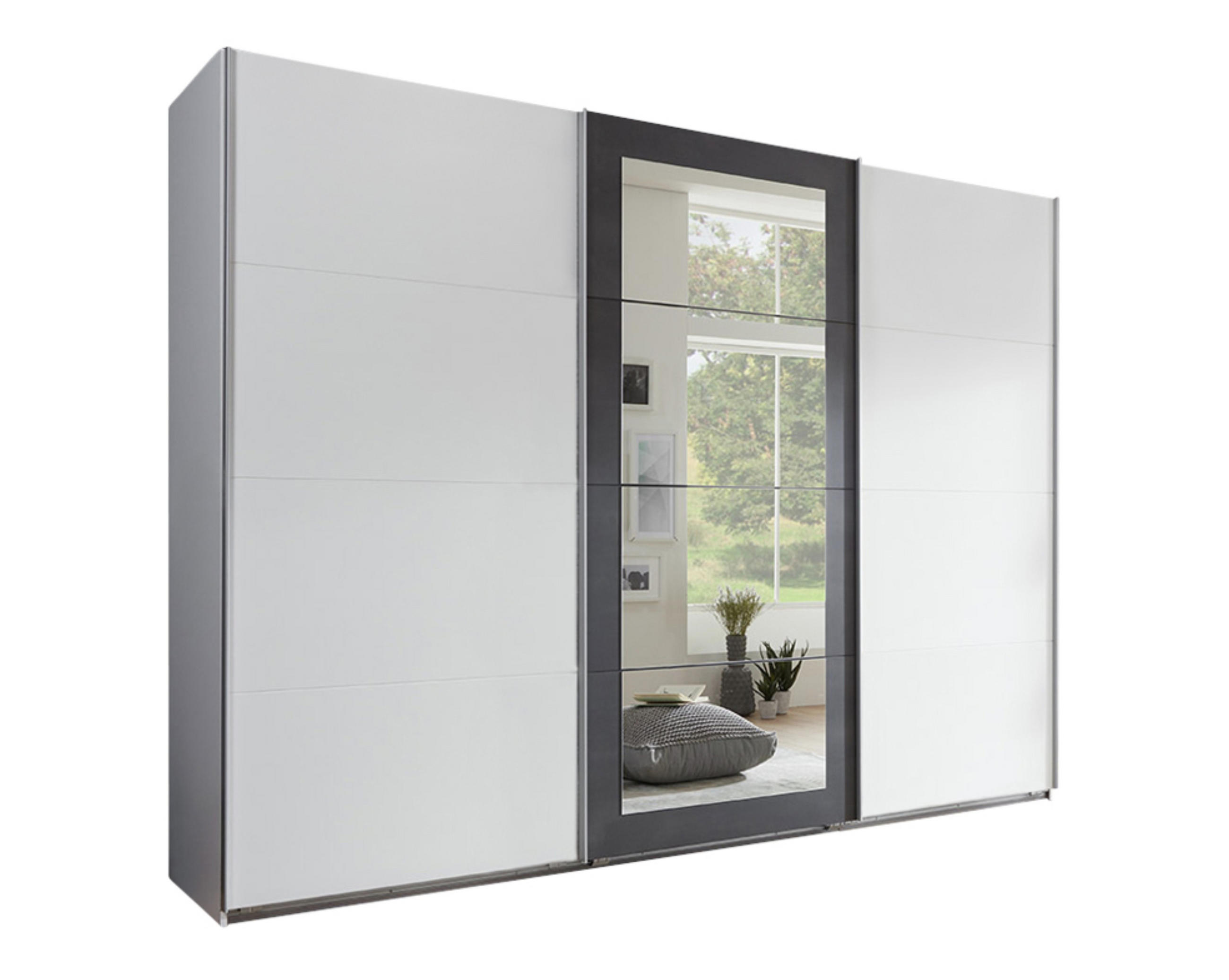 luma-home SKŘÍŇ S POSUVNÝMI DVEŘMI, 3dveřová, šířka 270 cm, výška 208 cm, hloubka 65 cm, v bílé barvě s akcenty v šedém provedení imitujícím ocel / 22