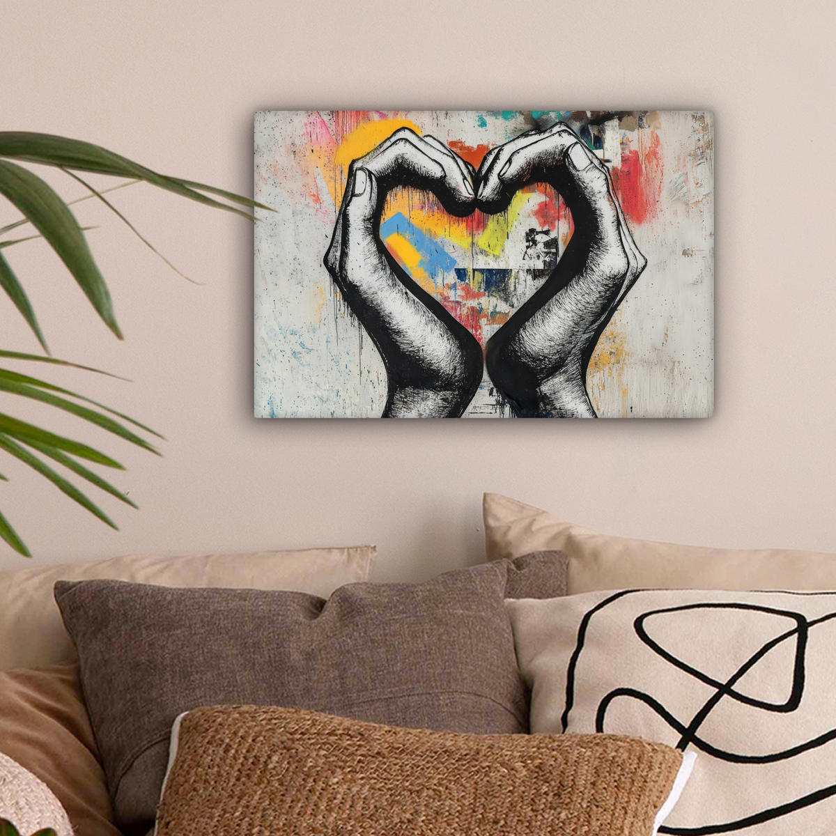 OBRAZ NA PLÁTNE Ruky - Srdce - Street art - Graffiti 30x20 cm - viacfarebná, textil (30/20cm) - MuchoWow
