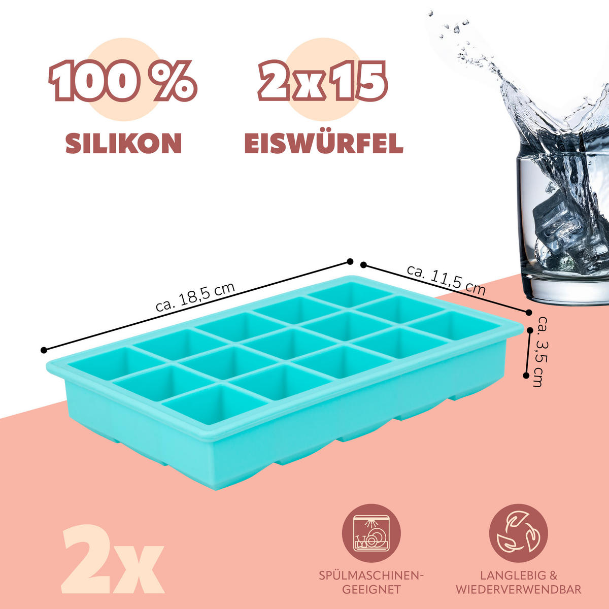 SILIKON-EISWÜRFELFORM 15er-Set, grün, Silikon - Türkis, Kunststoff (11.7/3.5/18.4cm) - bremermann