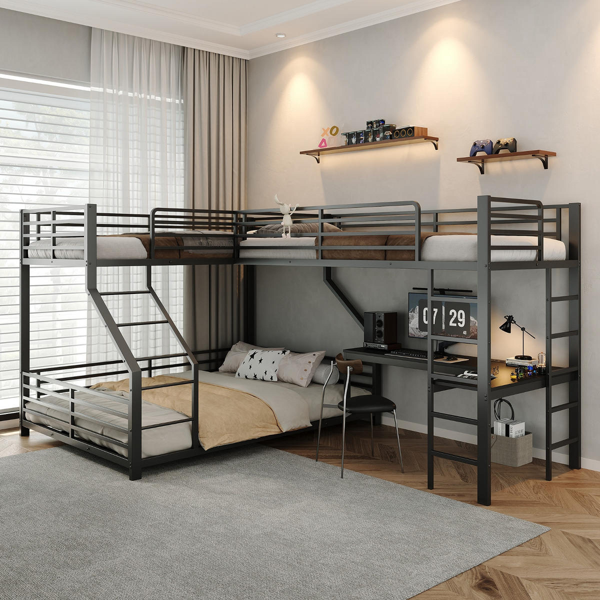ETAGENBETT 90/200 cm Schwarz mit Schreibtisch, USB- und Type-C-Schnittstelle - Schwarz, Metall (90/200cm) - Oxeza