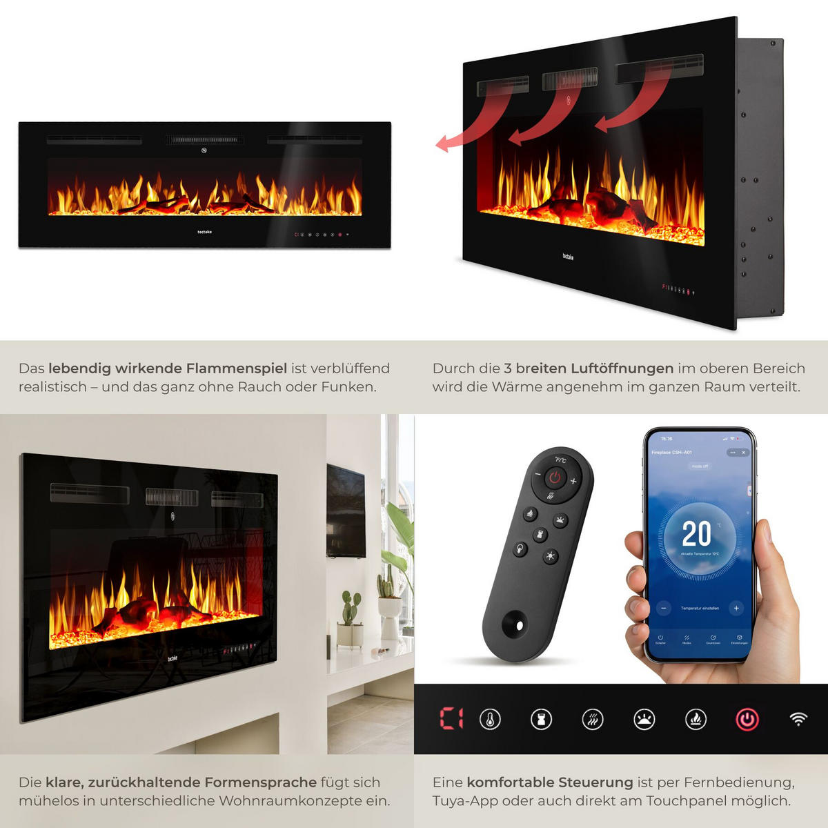 ELEKTRO-WANDKAMIN Luci,mit Fernbedienung und App-Steuerung, integriertes Thermostat,schwarz - Schwarz, Metall (127/43/12cm) - tectake
