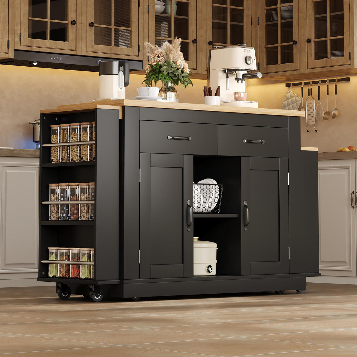 KÜCHENINSEL 142/55/93 cm schwarz aus MDF mit Ausziehplatten - Schwarz, Holzwerkstoff (142/93/55cm) - OKWISH