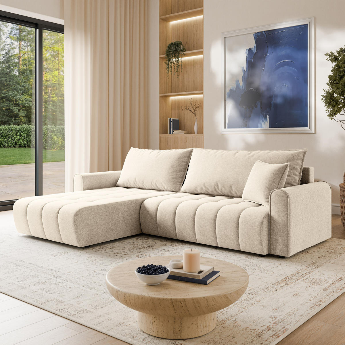 ECKSOFA FRIGA Creme Strukturstoff mit Schlaffunktion - Creme, Holz (283/185cm) - MASSENO
