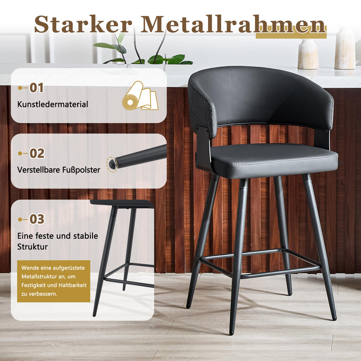 BARHOCKER DE-36674 2er Set mit PU-Bezug und Metallgestell Schwarz - Schwarz, Metall (47/94.5/46cm) - ComfortXL