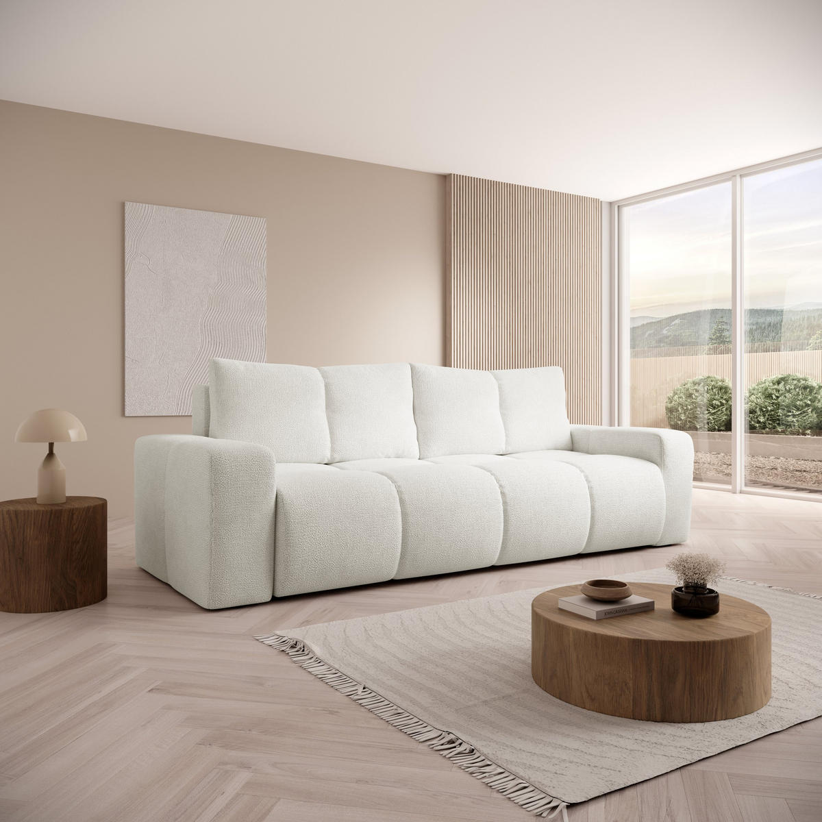 BETTSOFA DUCA Creme Chenille-Stoff mit Schlaffunktion - Creme, Holz (259/90/99cm) - MASSENO