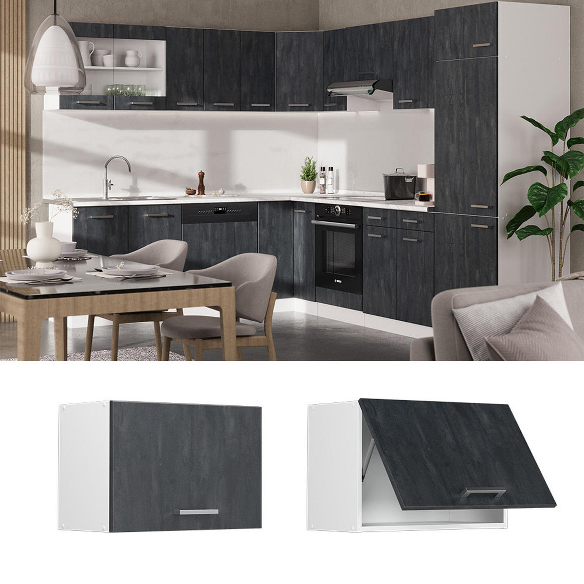 HÄNGESCHRANK R-Line Schwarz Beton 60 cm Flach - Schwarz/Weiß, Holzwerkstoff (60/40/31cm) - Vicco