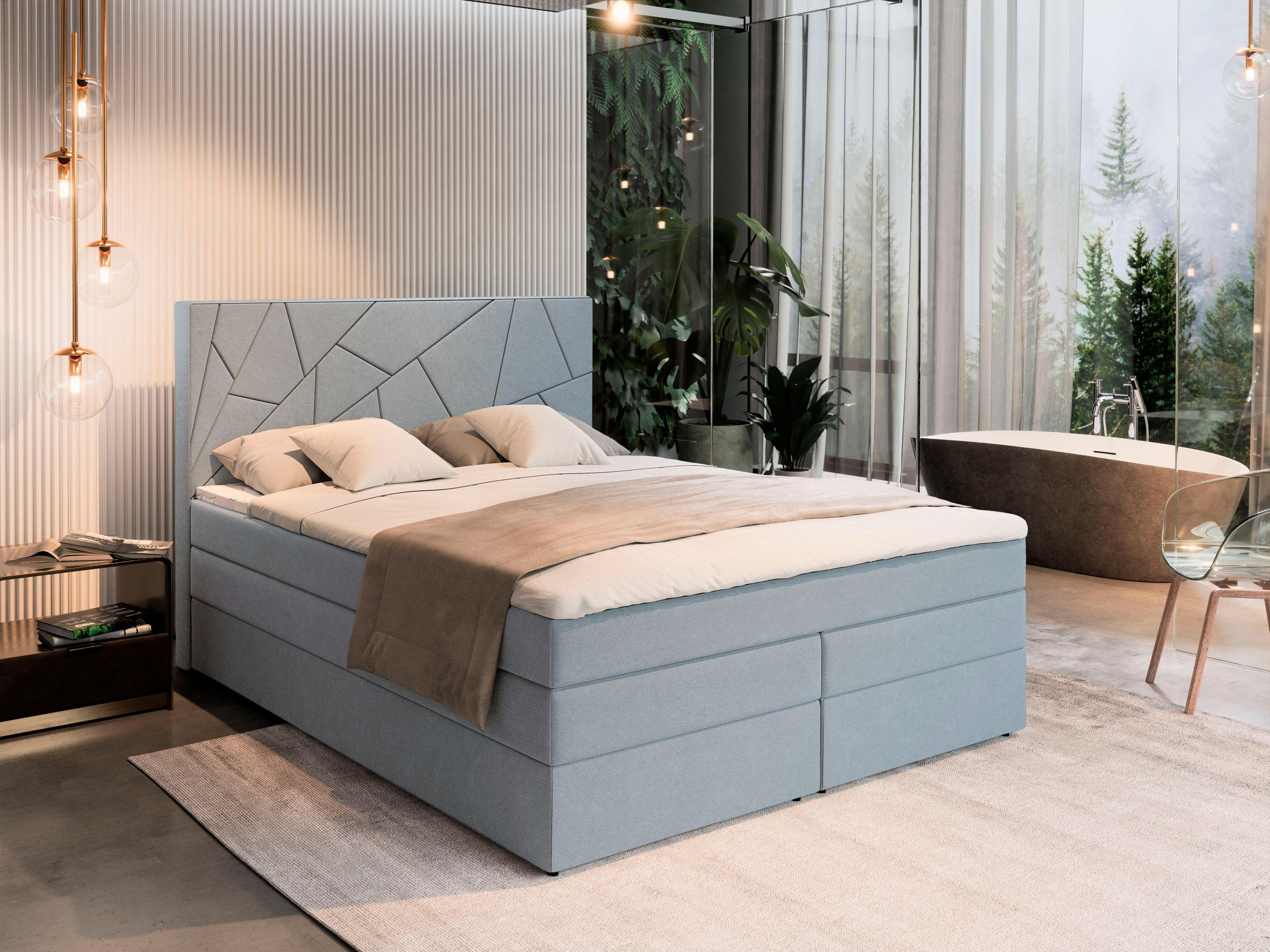 BOXBETT TRANI 160x200 cm mit Matratze und Topper - Blau - Hellblau, Holz (160/200cm) - MASSENO