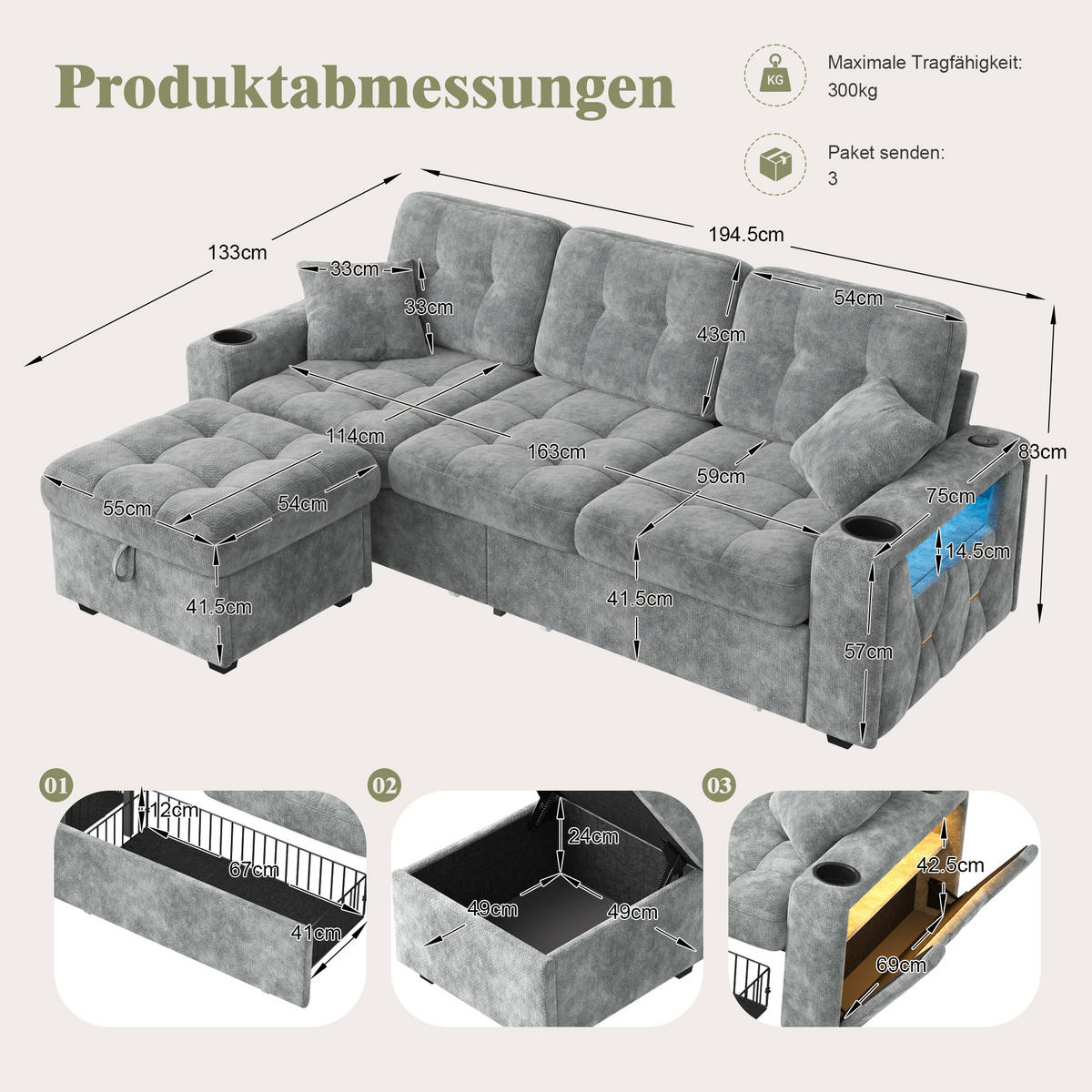 BIGSOFA aus Chenille mit USB-C, LED, Getränkehaltern und Stauraum - Dunkelgrau, Textil (194.5/83/133cm) - EVRYAE