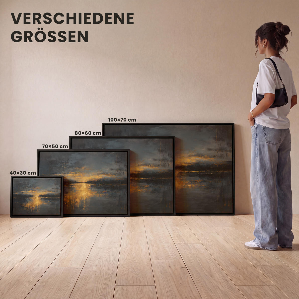 LEINWAND Bilder mit Rahmen - Goldene Reflexion auf dem Wasser - 40x30 - Anthrazit, Textil (40/30cm) - MuchoWow