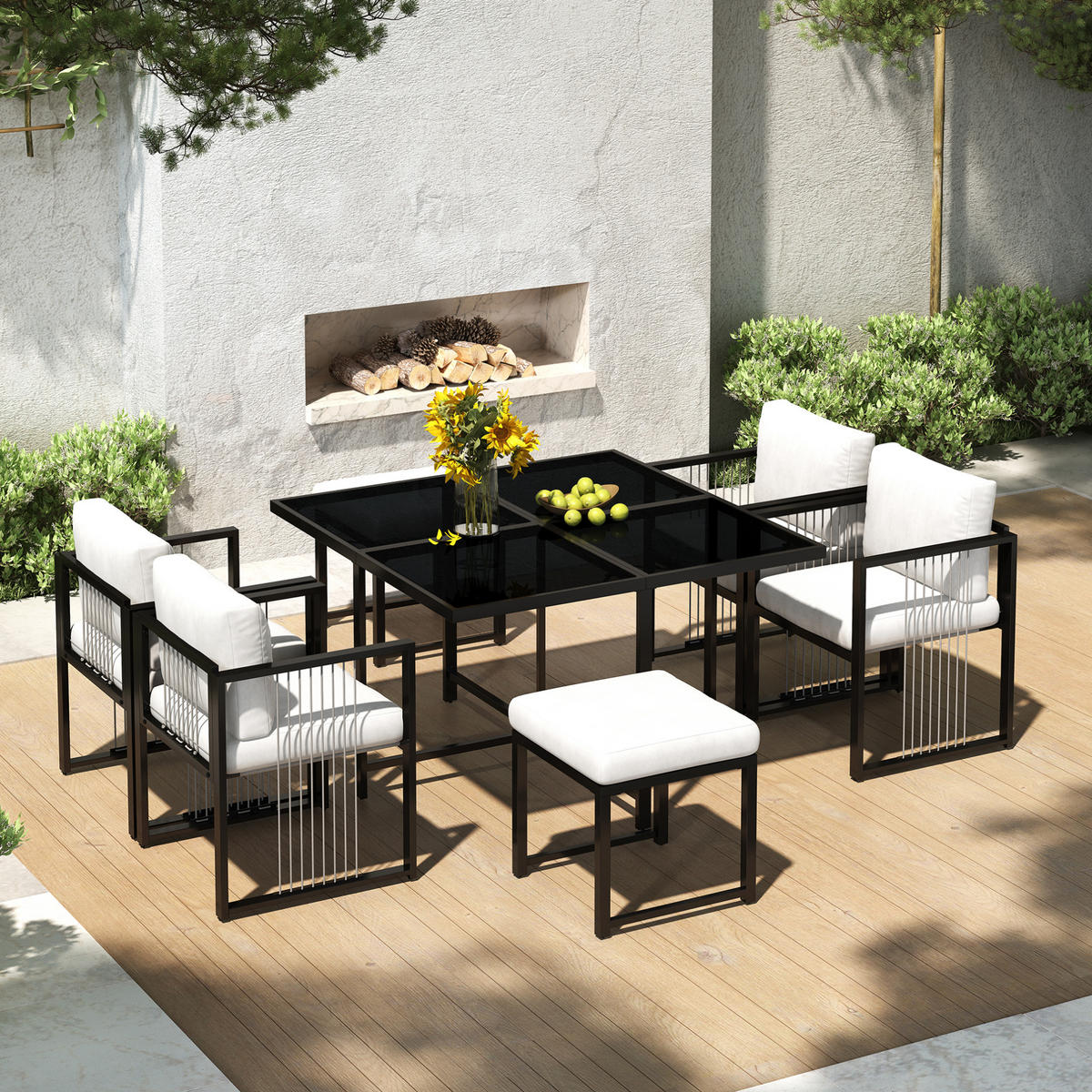 LOUNGEGARNITUR 117/117 cm Schwarz/Weiß aus Metall mit Hartglas 7er Set - Schwarz, Metall - OKMYHOME