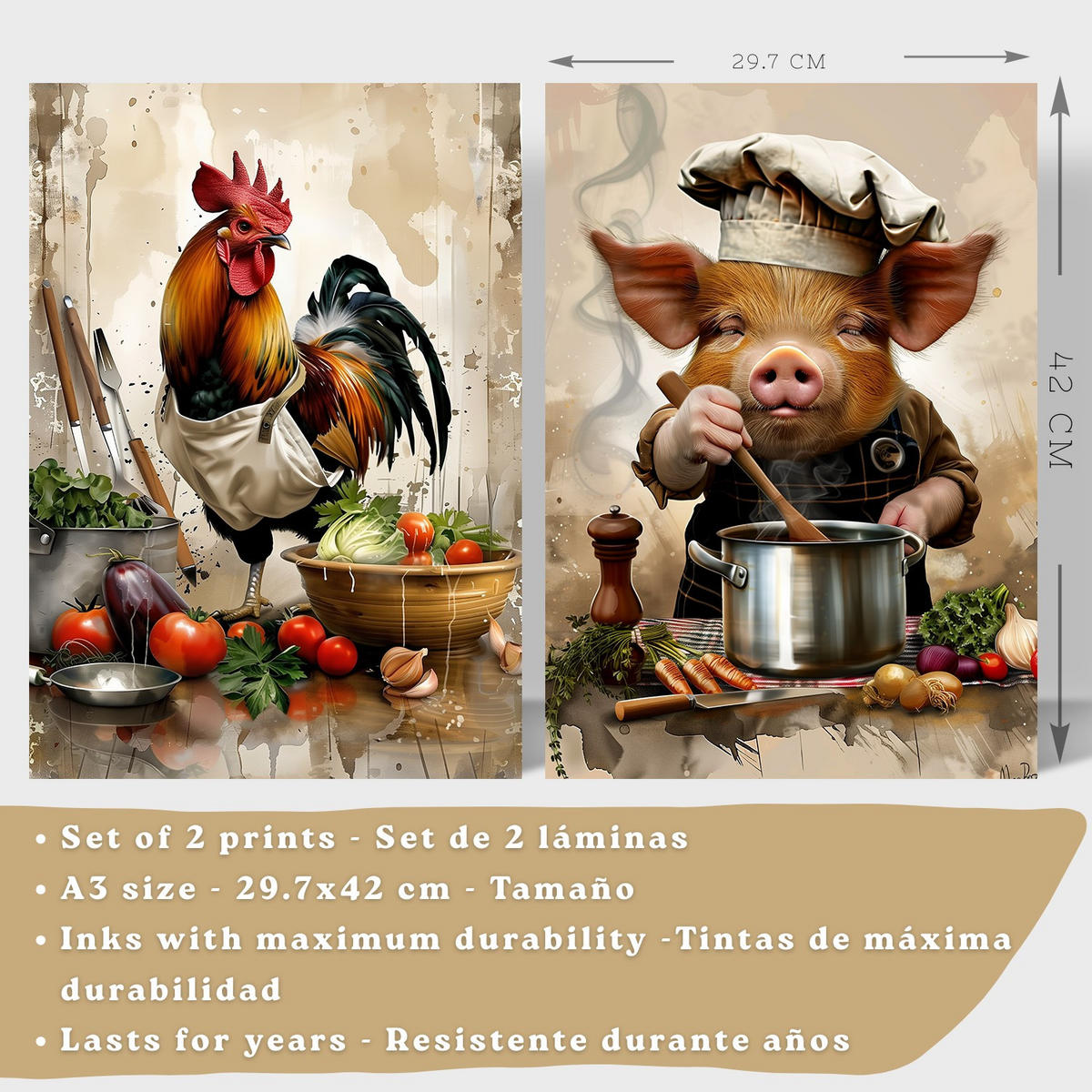 PLAKAT Sada 2 Animal Chef A3 Černý rám - černá, papír (29.7/1/42cm) - Nacnic