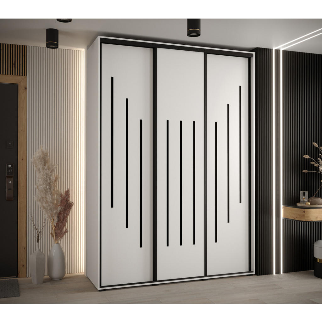 Thumbnail - Abiks Möbel Schwebetürenschrank, Weiß, Weiß, Schwarz, Metall, Nachbildung, 10 Fächer, 180x235x45 cm, Schlafzimmer, Kleid...
