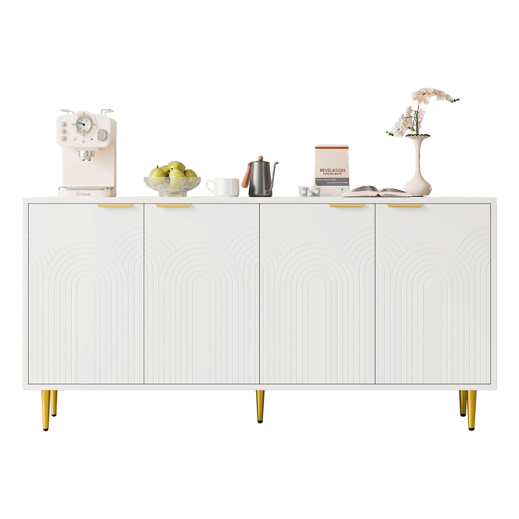 SIDEBOARD mit 4 Türen & Soft-Close, Holzoptik, Einheitsgröße / Holzwerkstoff + Metall - Goldfarben/Weiß, Holzwerkstoff/Metall (160/80/40cm) - EVRYAE