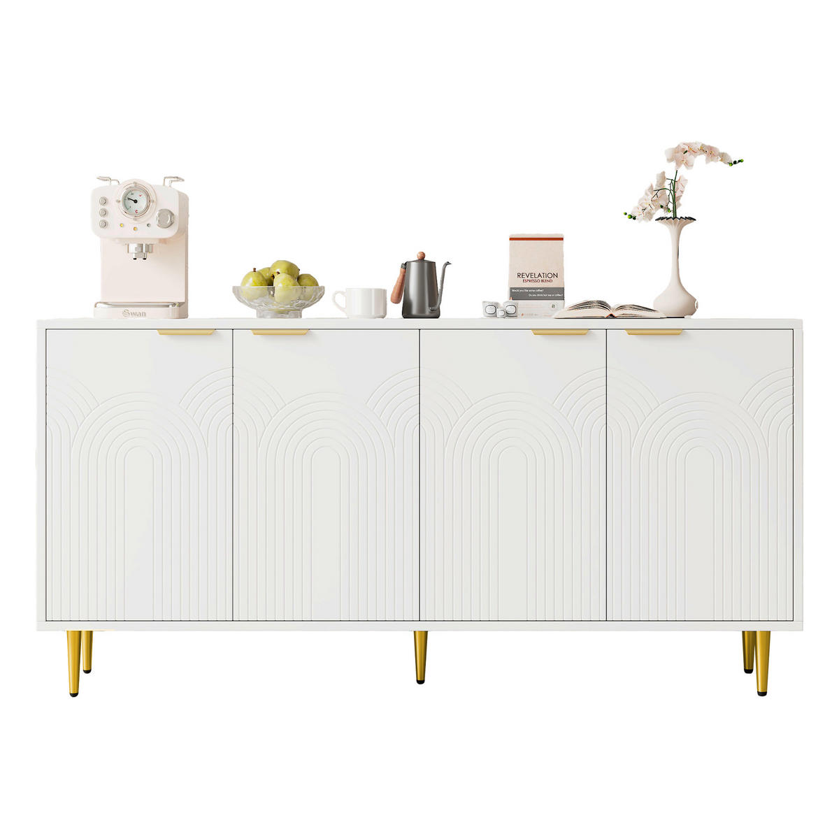 SIDEBOARD 160/40/80 cm mit 4 Türen in Weiß mit goldfarbenen Griffen - Weiß, Holzwerkstoff (160/80/40cm) - BEAOK