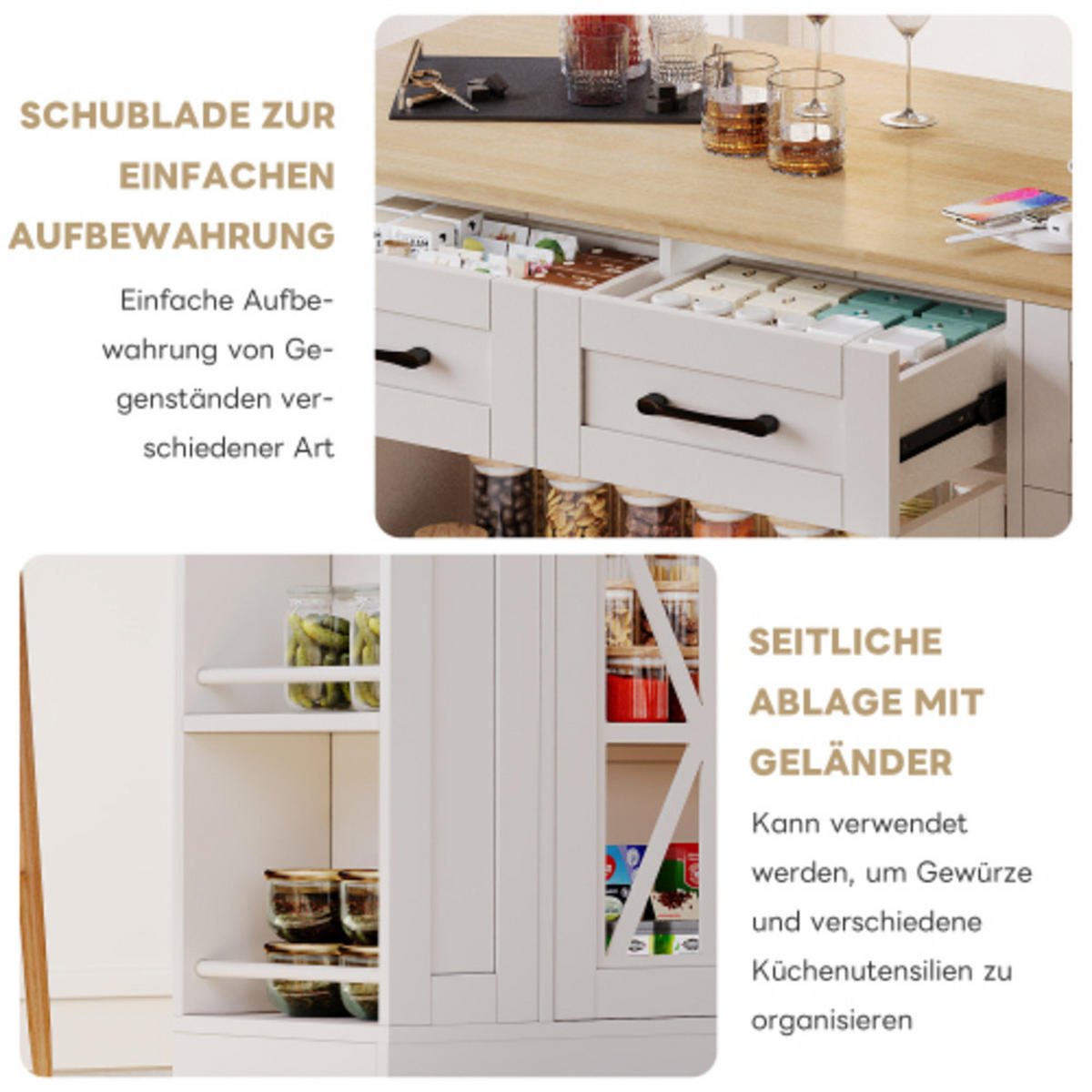 KÜCHENINSEL weiß-Neutral aus MDF mit klappbarer Erweiterungsplatte, Steckdosen und Laufrollen 120 × 40(65) × 92 cm - Weiß, Holzwerkstoff (120/92/65cm) - Luhomfu
