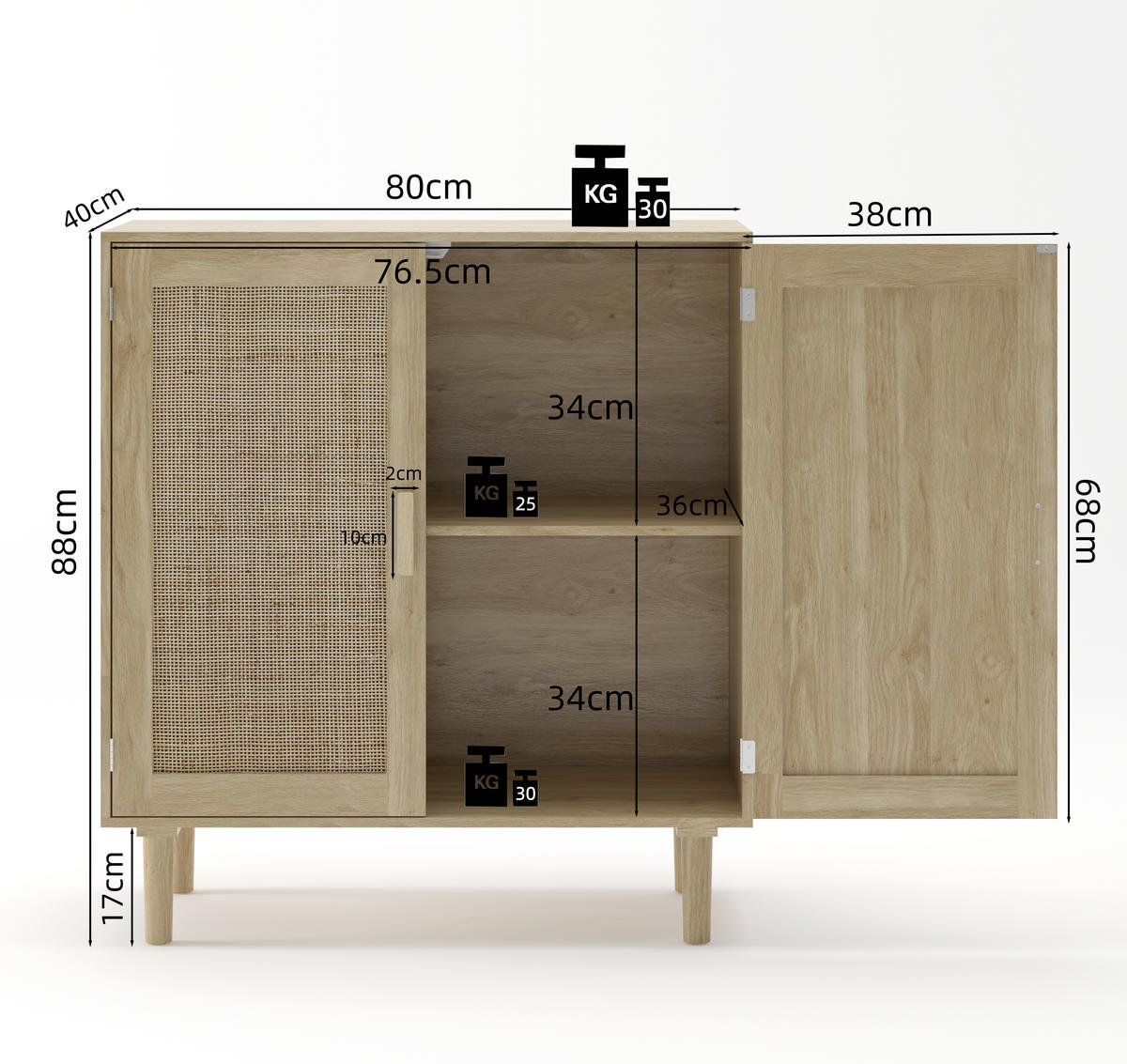 SIDEBOARD in Naturfarben mit zwei Rattan-Türen für Wohnzimmer, Esszimmer und Diele, B80/T40/H88 cm - Schwarz/Naturfarben, Holzwerkstoff (80/88/40cm) - STILVORA