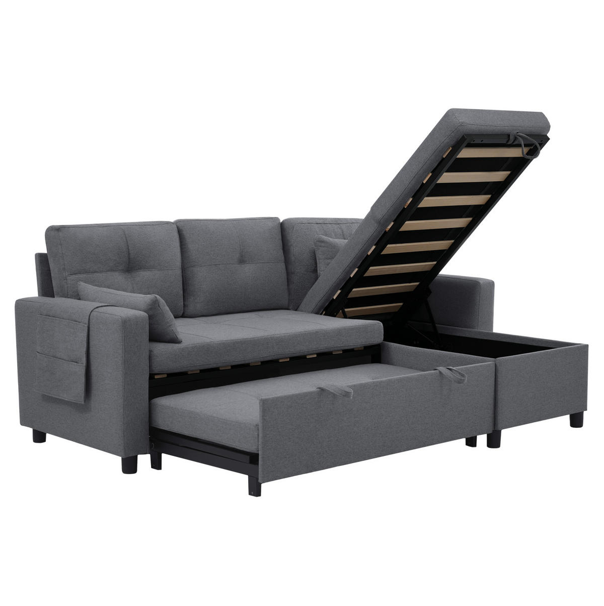 ECK-SCHLAFSOFA, Leinen mit Stauraum & Getränkehalter, 211/136/87 cm, Grau - Grau, Textil (136/87/211cm) - Redom