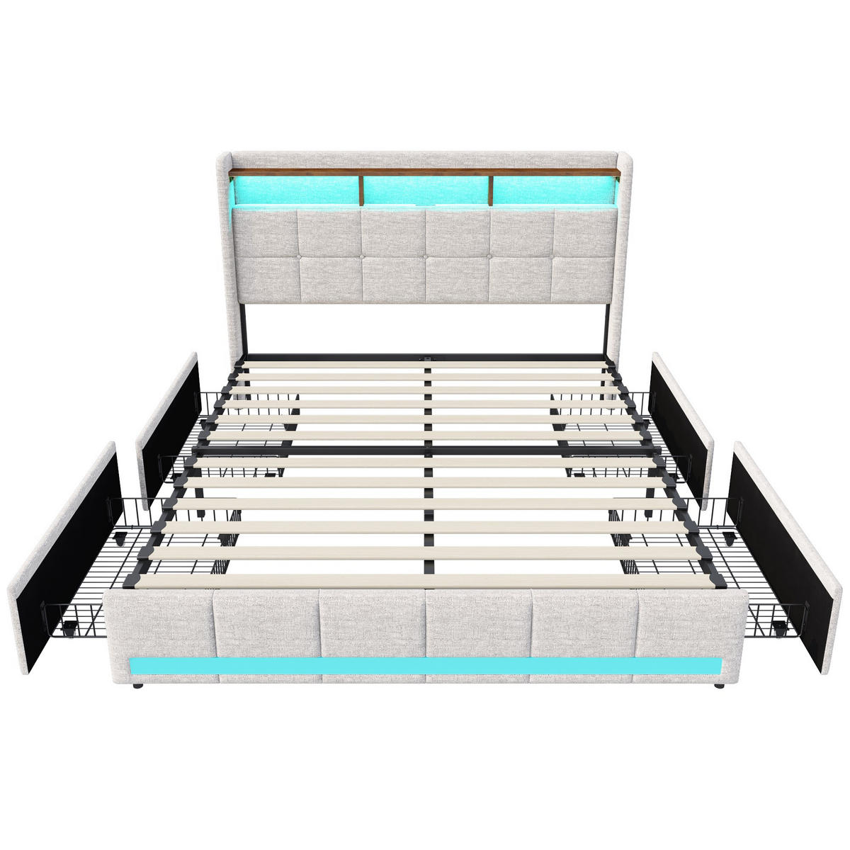 POLSTERBETT 140x200 cm "Aura" mit 4 Schubladen - LED-Beleuchtung & USB-Anschlüssen - Leinen-Optik - Beige - Beige, Textil (140/200cm) - DELFA