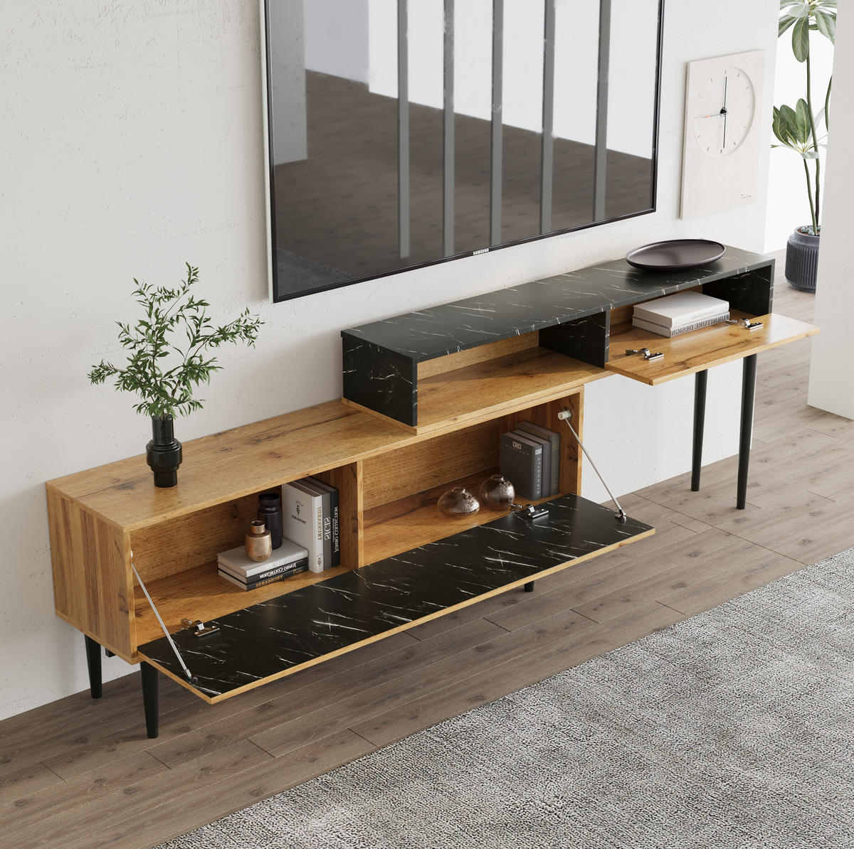 TV-SCHRANK in Natural Wood mit Marmor-Optik und Eisenbeinen 110/39/45 cm - Eichefarben, Holzwerkstoff (129/58/30cm) - Redom