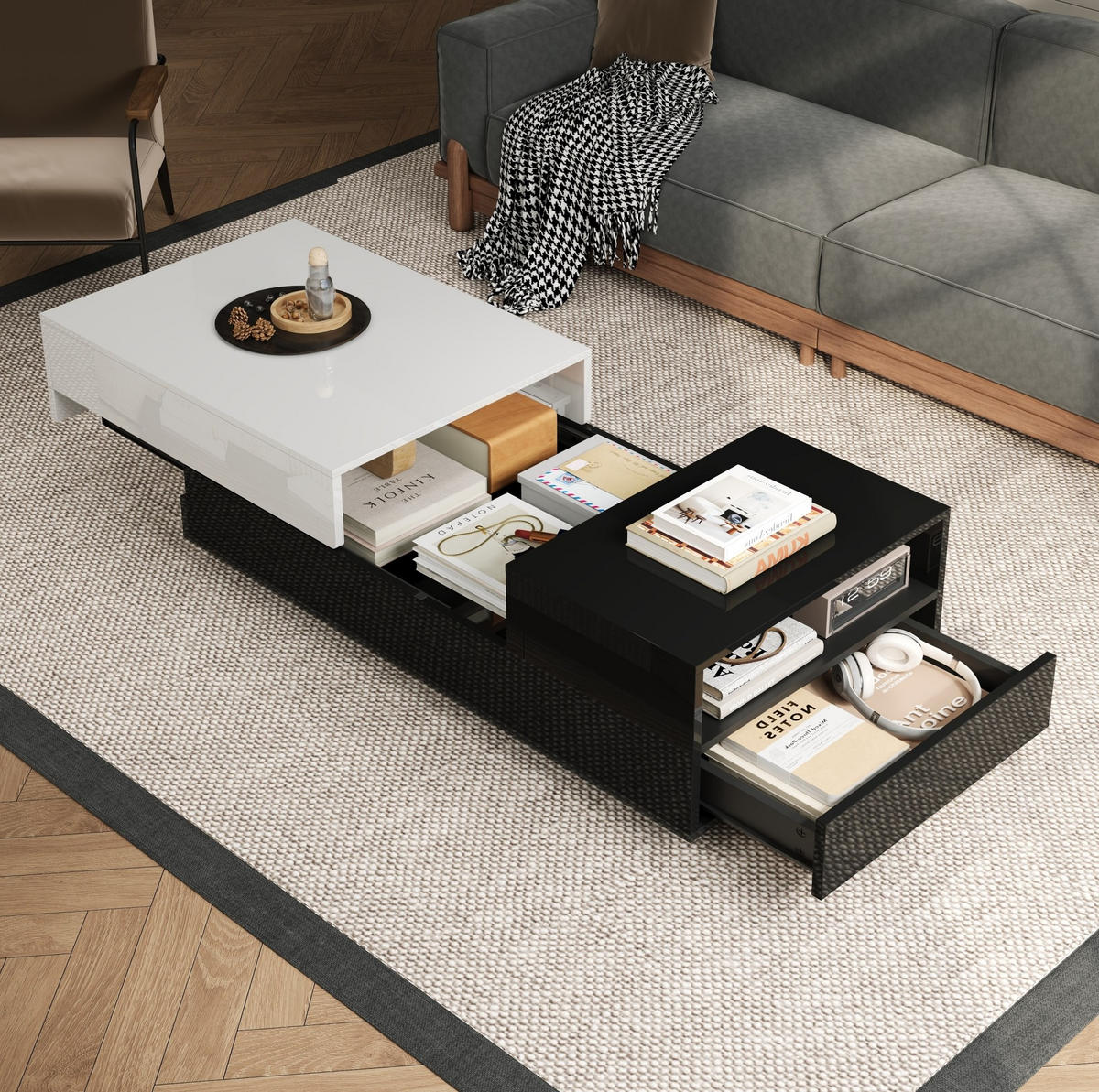 COUCHTISCH 100/50/38 cm schwarz-weiß mit 2 Schubladen und halboffenen Fächern - Weiß, Holzwerkstoff (100/50/38cm) - OKWISH