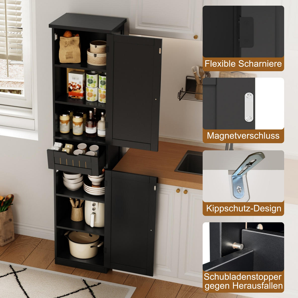KÜCHENSCHRANK schwarz aus MDF mit Retro-Gittertüren 170 × 40 × 30 cm - Schwarz, Holzwerkstoff (40/170/30cm) - Luhomfu