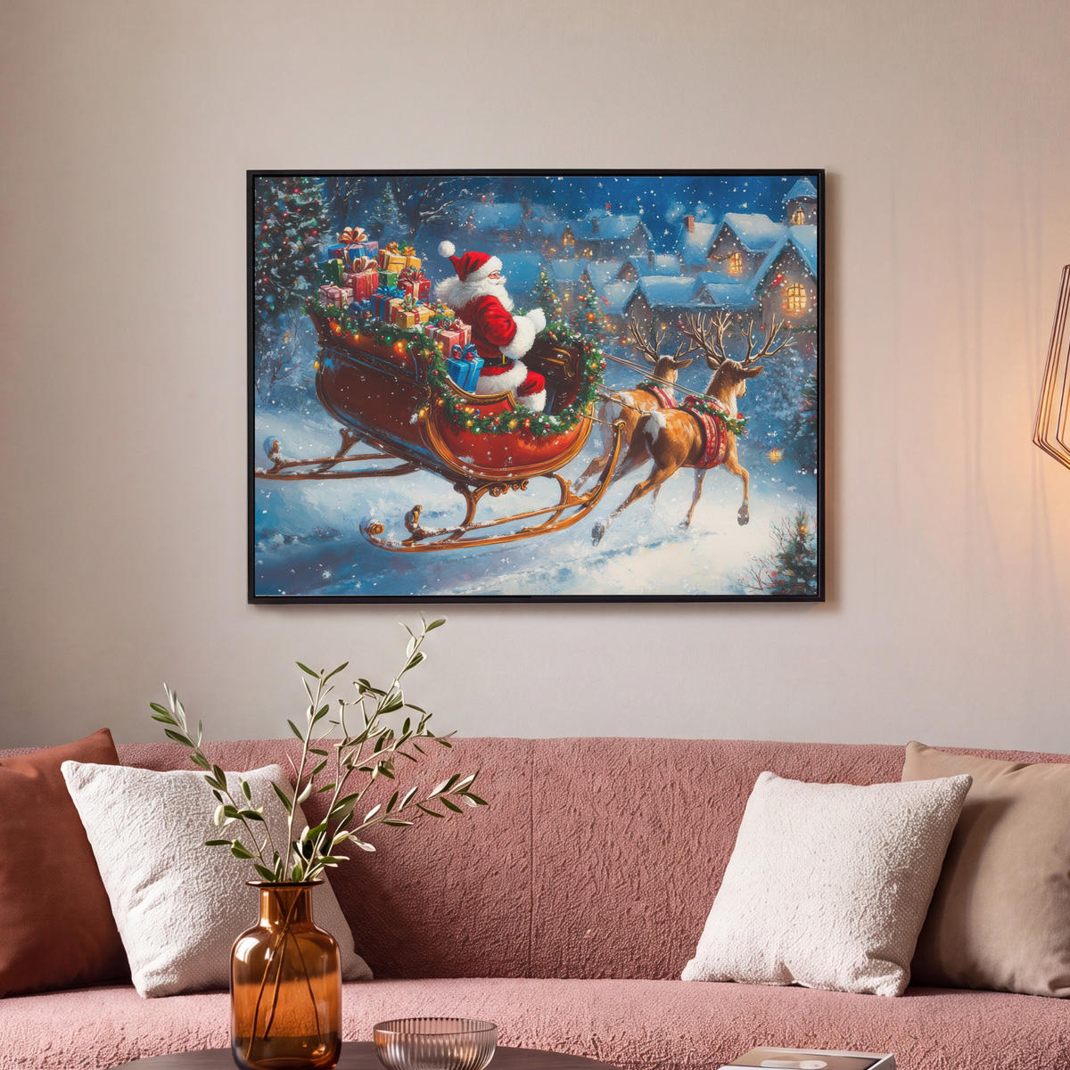 LEINWAND Bilder mit Rahmen - Weihnachtsmann - Rentier - Weihnachten - Schnee - 70x50 - Cognac, Textil (70/50cm) - MuchoWow