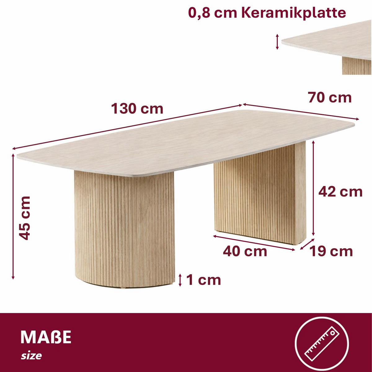 COUCHTISCH Keramik Travertin-Optik geriffeltes Säulengestell Sand 130 × 70 cm - Sandfarben, Keramik/Metall (70/130/45cm)