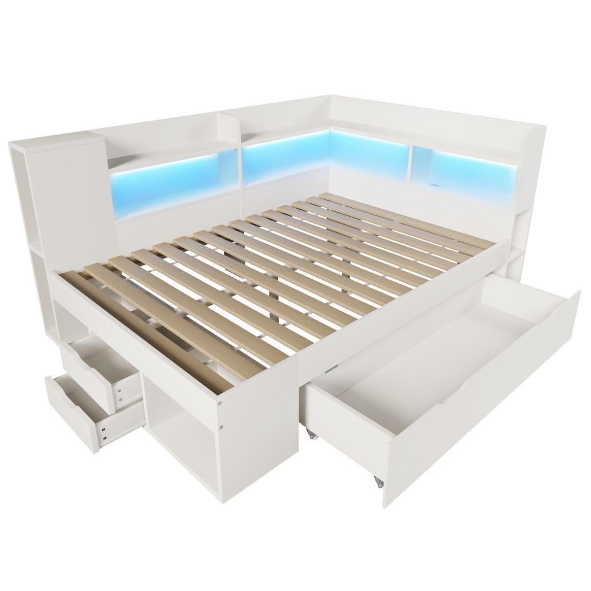 DENNÁ posteľ 140/200 cm biela s LED osvetlením úložným priestorom a USB nabíjaním z MDF a drevotriesky - biela, textil (140/200cm) - OKWISH
