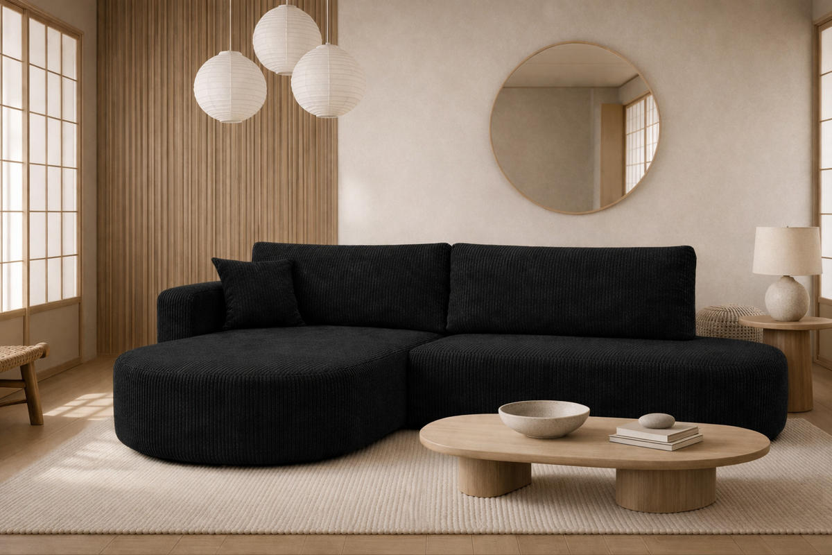 ECKSOFA Mit Schlaffunktion Und Bettkasten, Cordstoff Poso, Schwarz, Links, ROUND ONE OPEN XL - Schwarz, Holz (262/175cm) - Kaiser Möbel