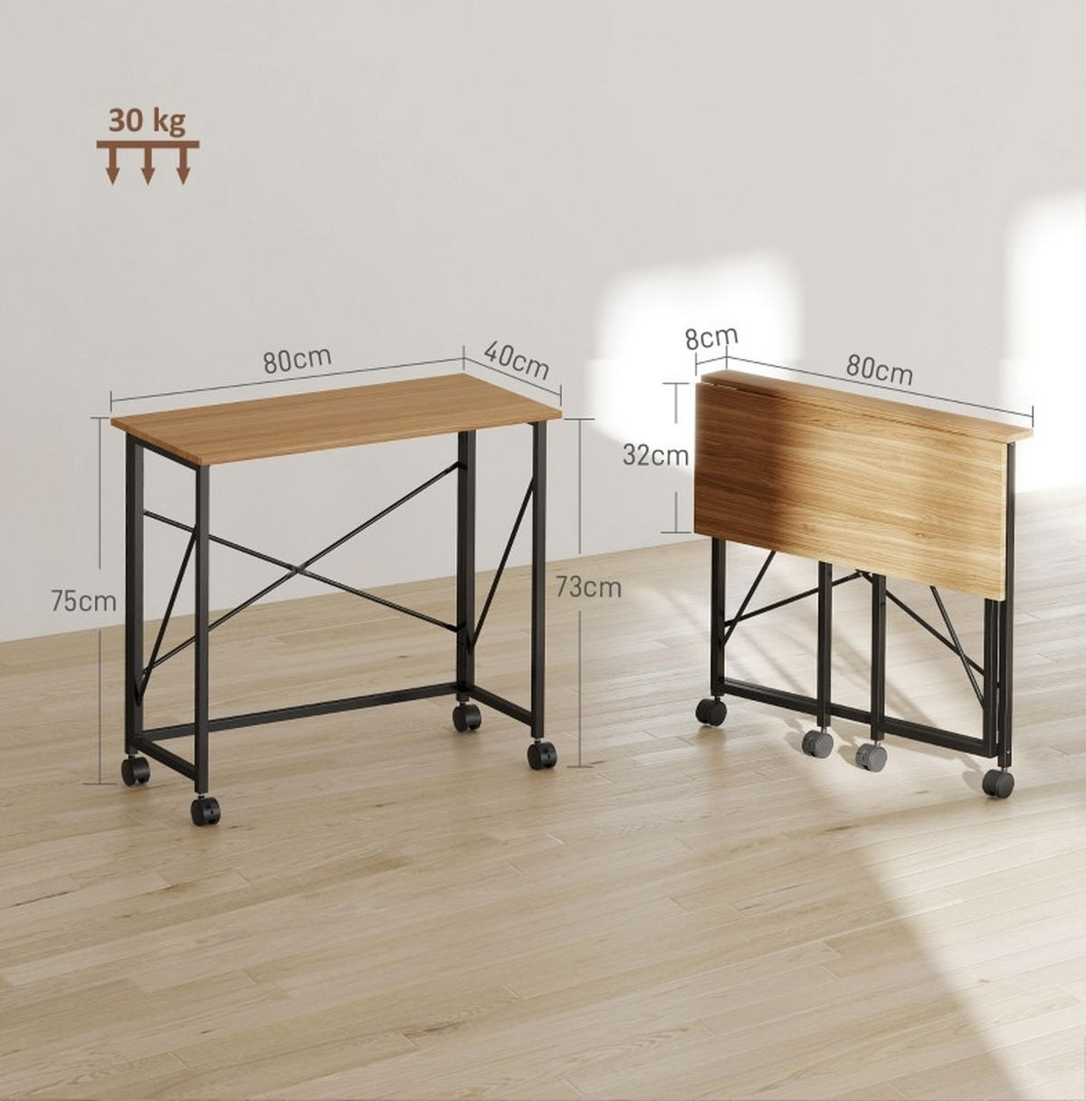 SCHREIBTISCH klappbar 80 x 40 cm Holz Oak mit Rollen - Eichefarben, Holz (80/40/75cm) - Meubliv