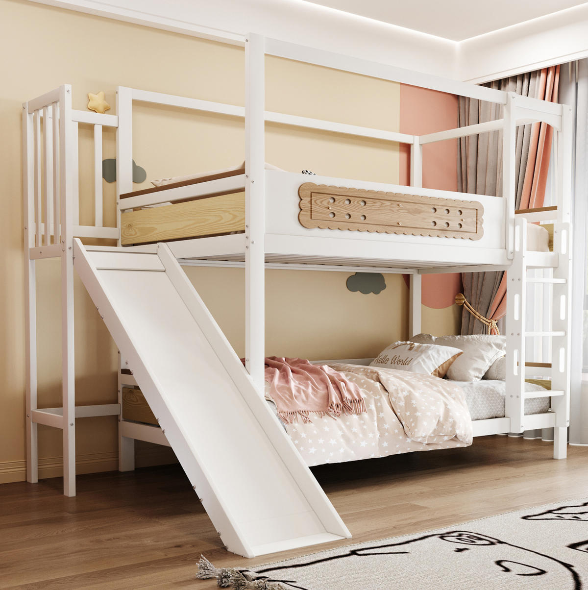 ETAGENBETT 90/200 cm in Weiß/Natur mit Rutsche und breiter Sicherheitsleiter - Weiß, Holz (90/200cm) - OKMYHOME