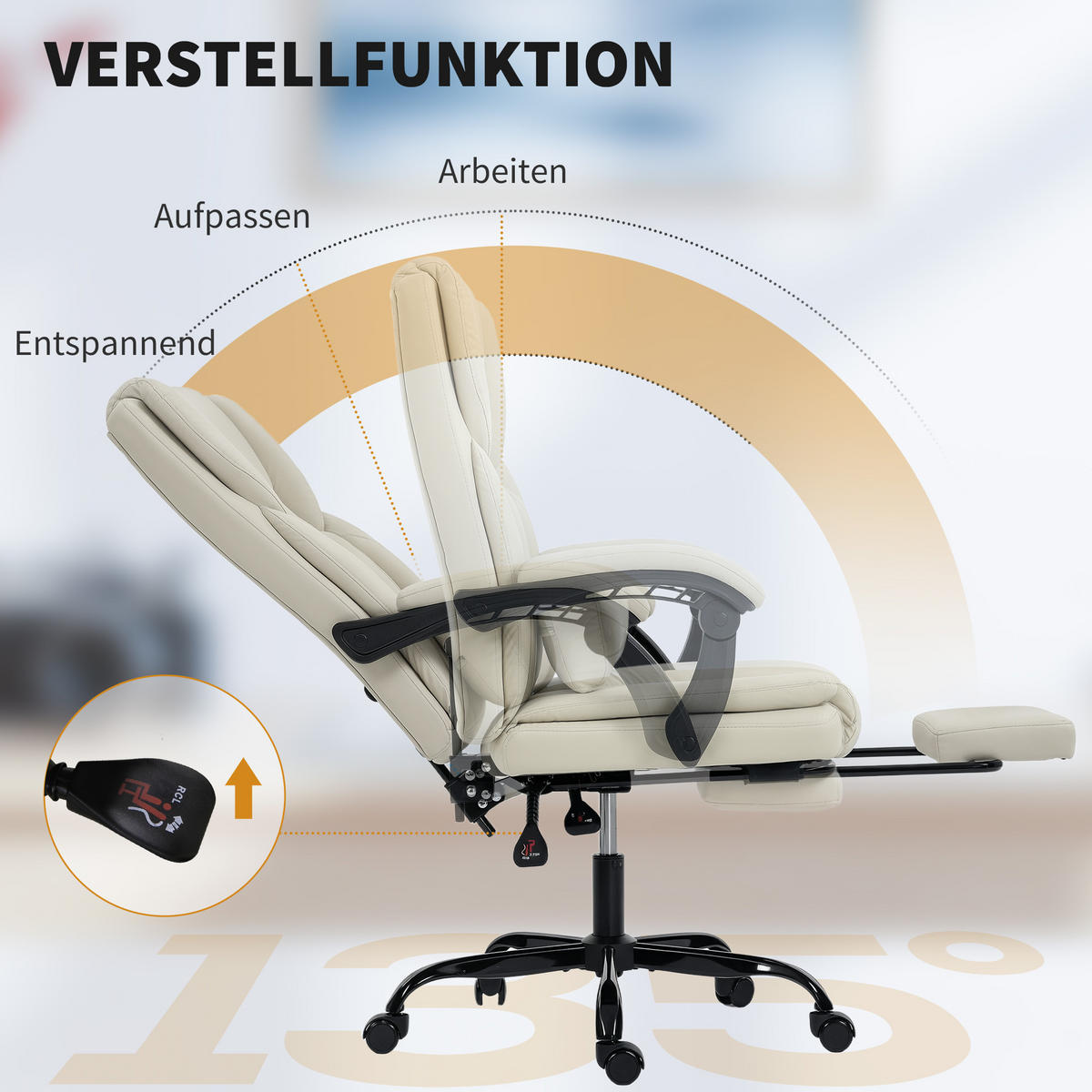 BÜROSTUHL, Ergonomisch mit Verstellbar Rückenlehne, Beige - Beige/Schwarz, Kunststoff/Textil (65/119/67cm) - HOMCOM