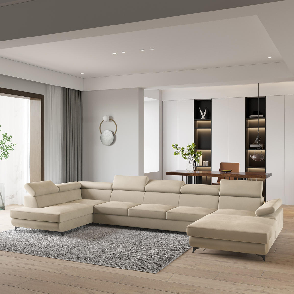 WOHNLANDSCHAFT MONTIVA Creme Velours-Stoff mit Schlaffunktion - Creme, Holz (410/89/190cm) - MASSENO