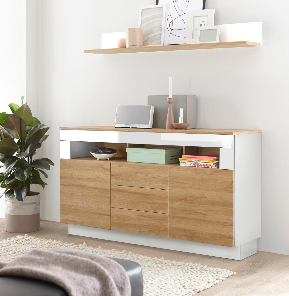 SIDEBOARD Grandson Eiche, weiß Hochglanz, Kommode 149 x 85 cm - Eichefarben/Weiß Hochglanz, Holzwerkstoff (149/85/43cm) - Furn.Design