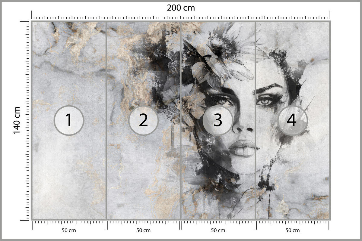 FOTOTAPETE für Wohnzimmer Frau Porträt Beton Blumen Modern 200x140 - Goldfarben/Schwarz, Papier (200/140cm) - Muralo