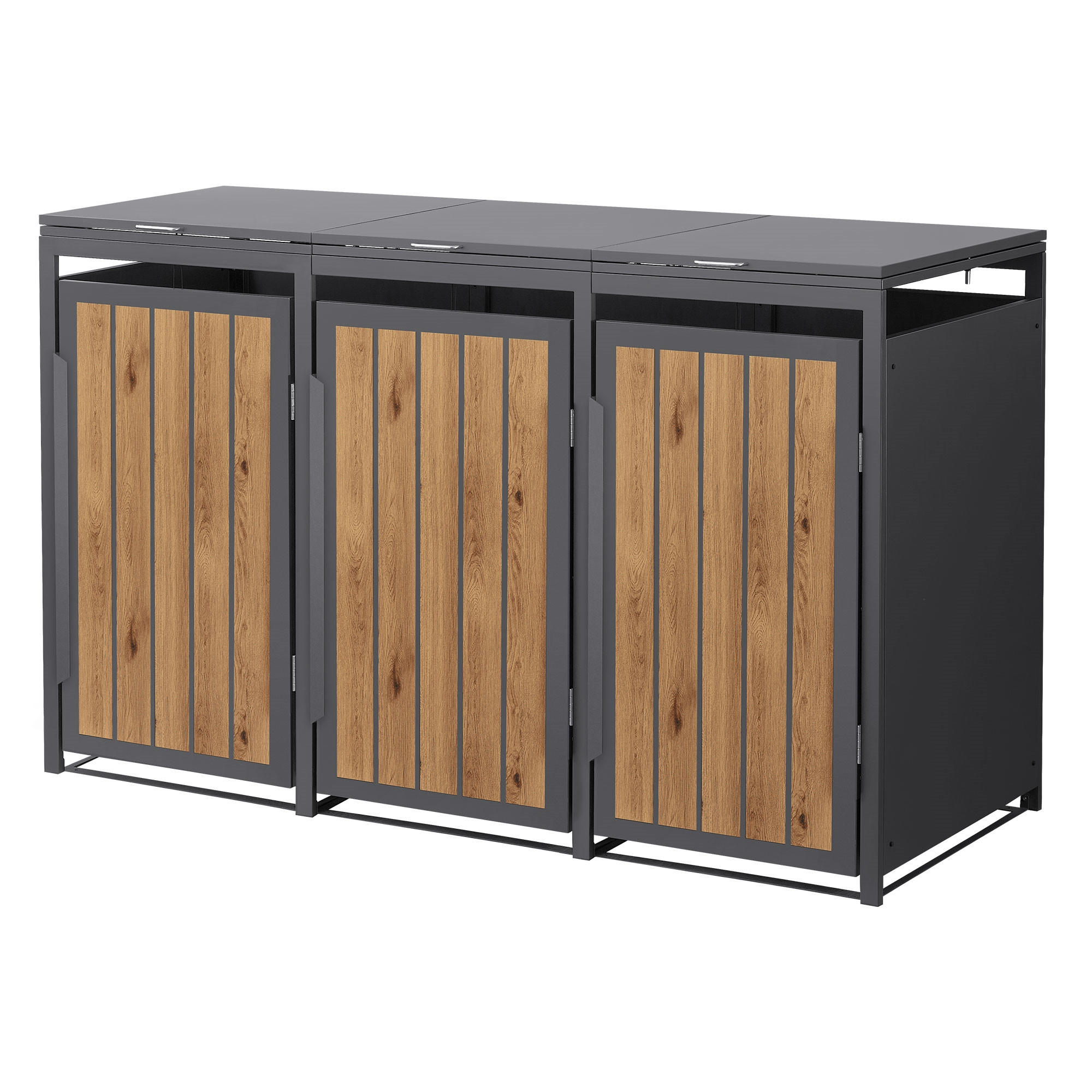 ML-DESIGN KONTEJNER NA ODPADKOVÉ KOŠE, sada 3 ks, 240 l, 196 x 80 x 120 cm, antracitová barva, světlý dub, ocel