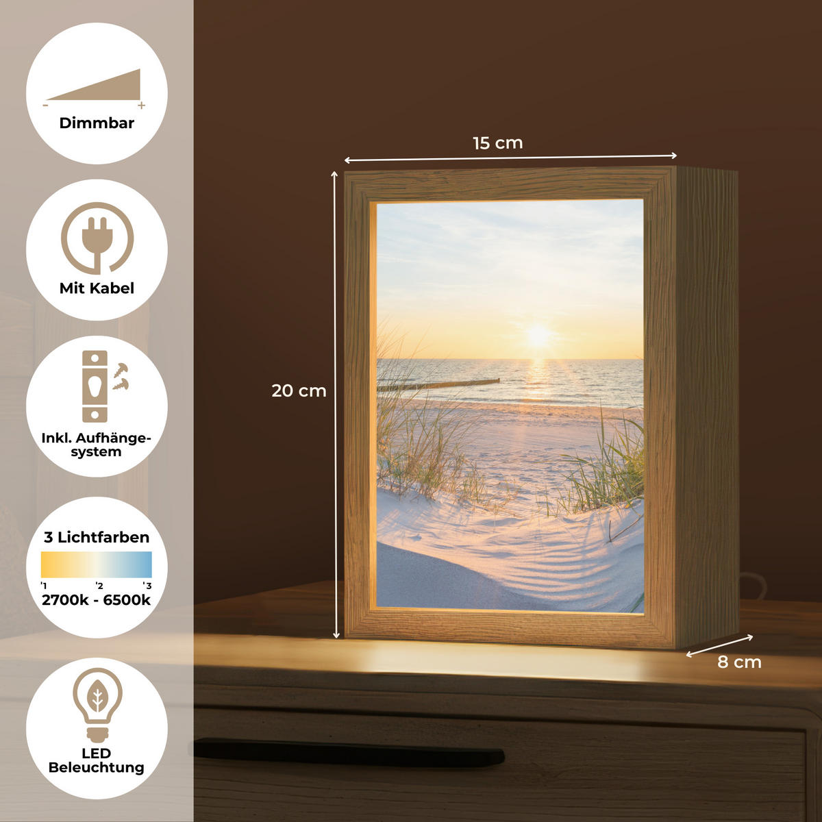TISCHLEUCHTE Strand - Sonne - Düne - Gras - Sand - Horizont 15x20 cm - Cognac, Holzwerkstoff (8/15/20cm) - OnlyWow